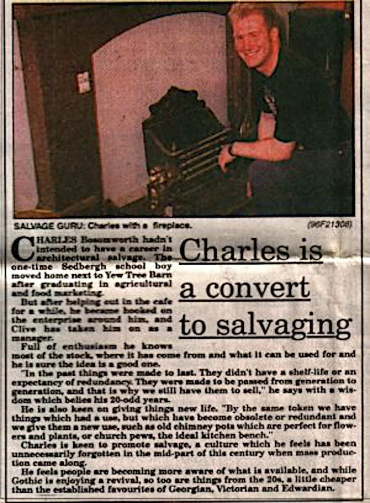 Newspaper cutting: Charles is a convert to salvaging — Charles with a fireplace at Yew Tree Barn